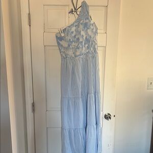 Blue and White One-Shoulder Maxi Dress